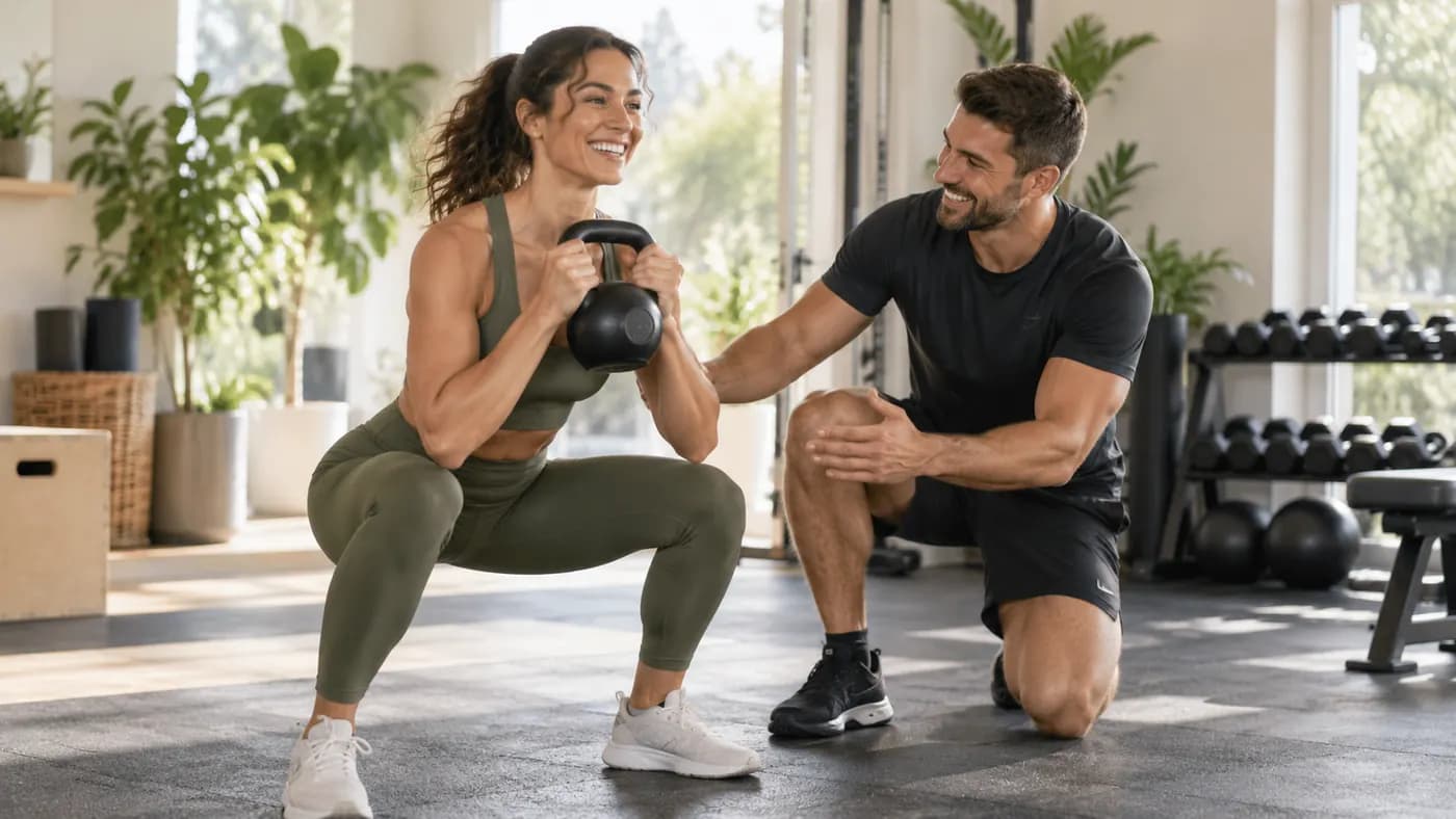 A trainer correcting a client's kettlebell squat